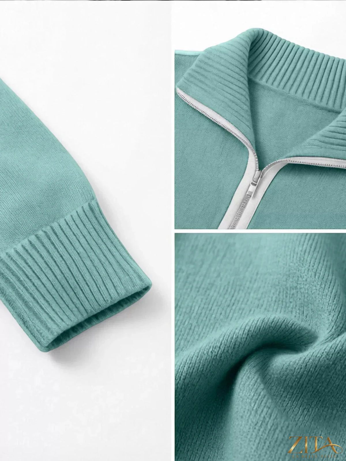 Quarter-zip dropped shoulder sweater from Trendsi featuring a cozy knit fabric and relaxed fit, shown in a neutral color.