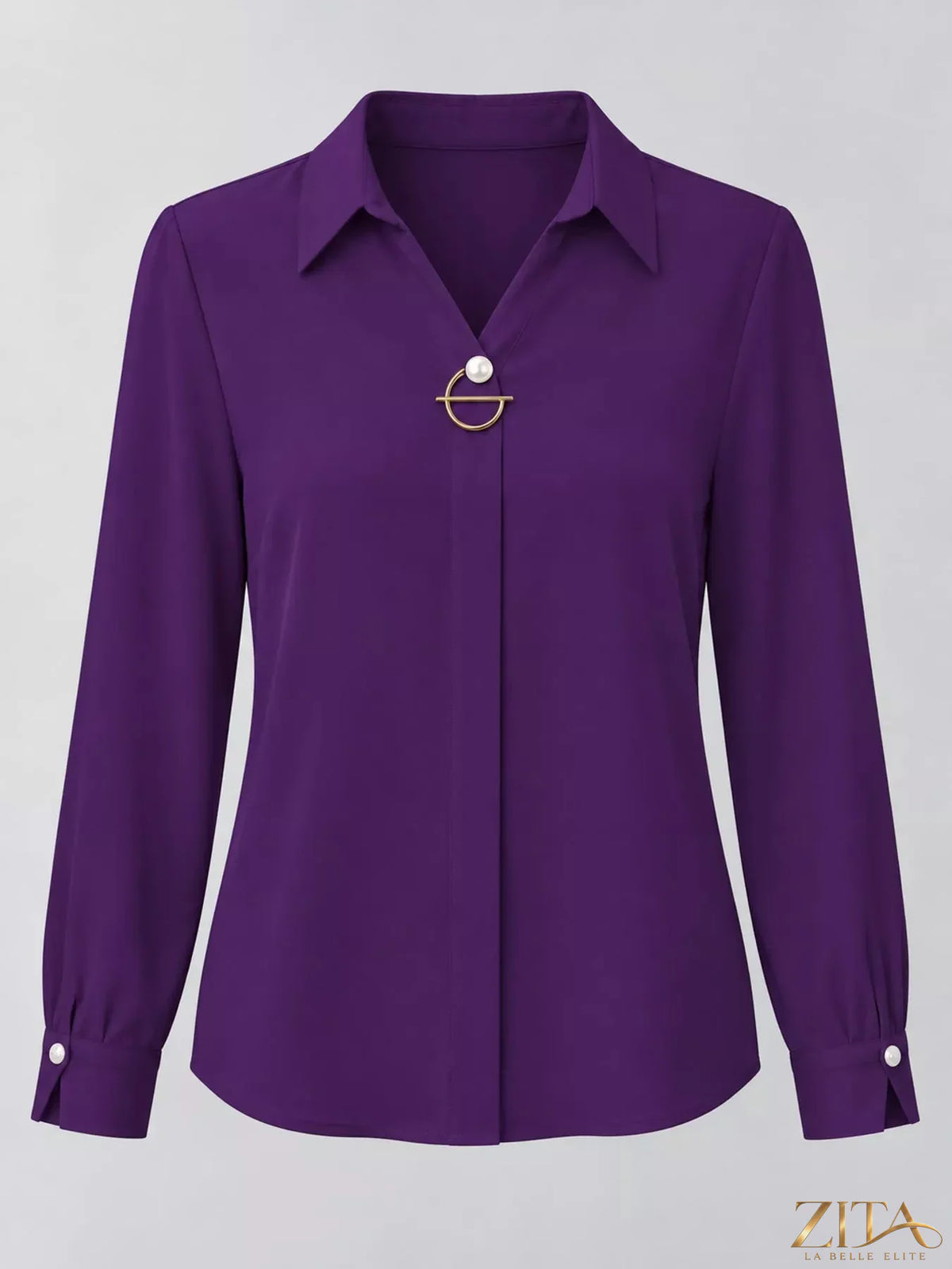 Zita La Belle Elite long sleeve satin blouse with elegant fit and smooth fabric, shown in a stylish close-up view.