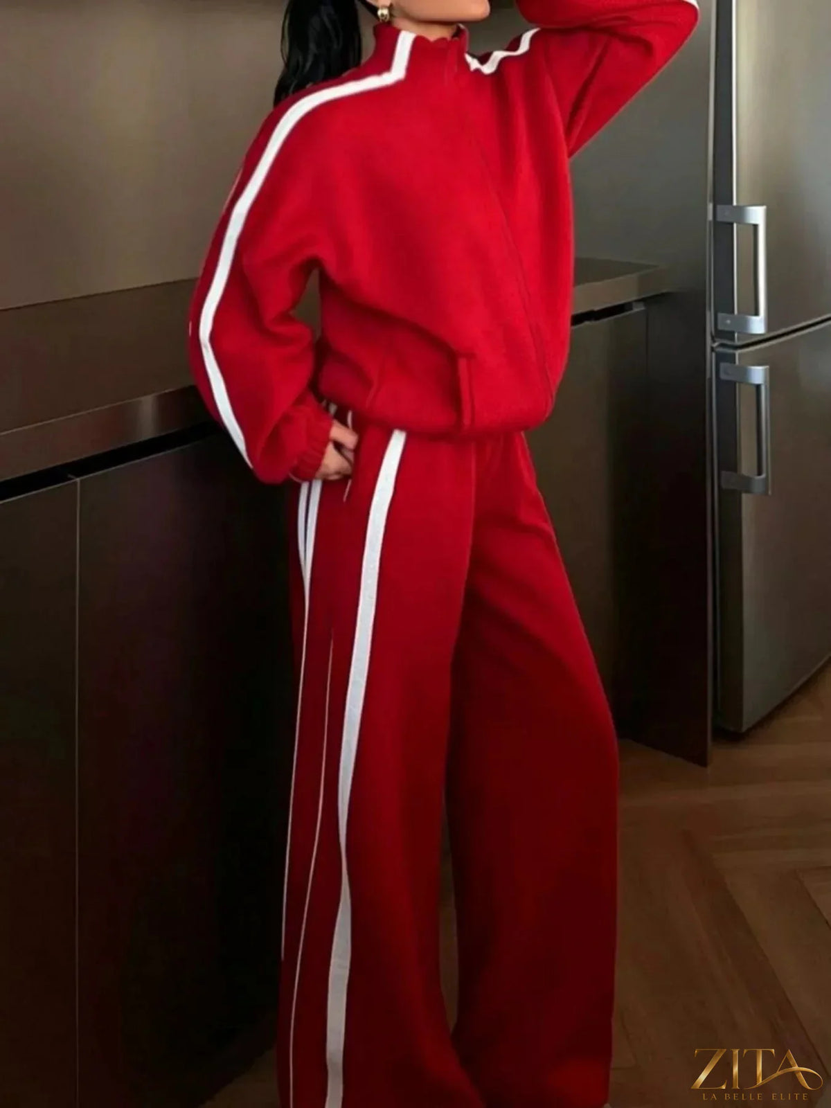 Zita La Belle Elite side stripes zip-up top and matching pants set, featuring stylish side stripe details and comfortable fit.