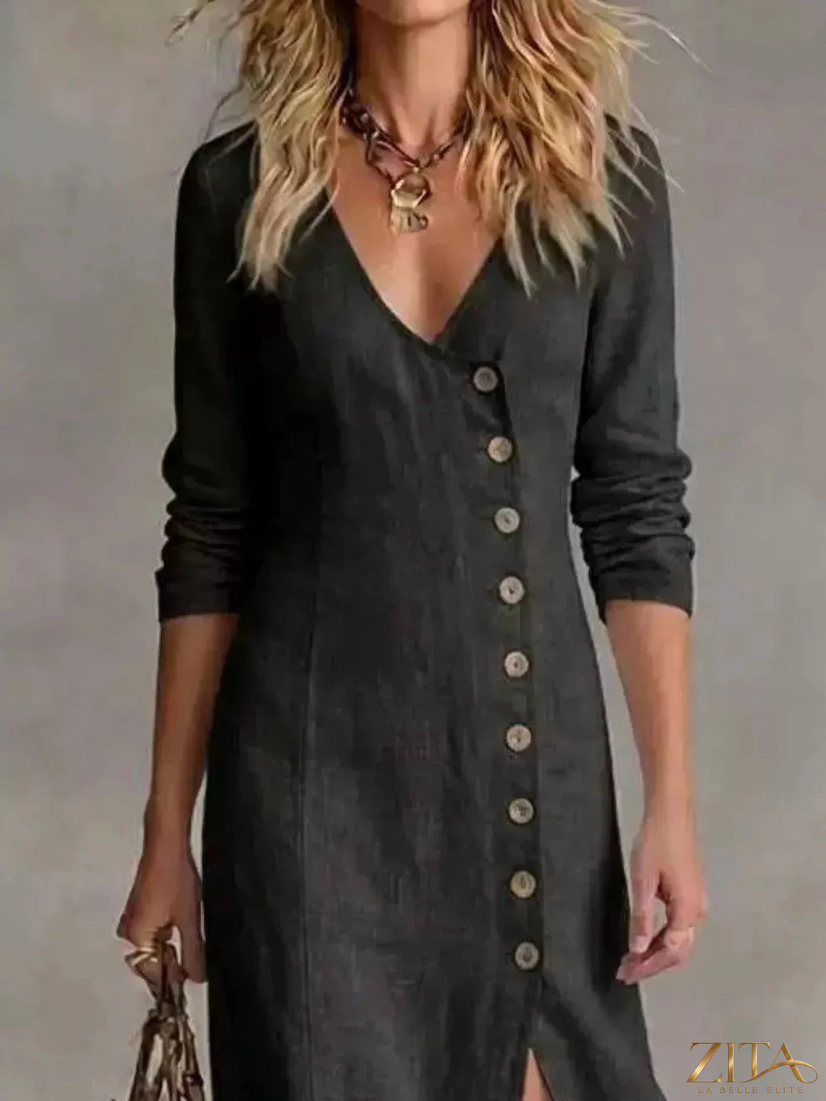 Zita La Belle Elite slit button-down midi dress featuring a stylish slit, lightweight fabric, and classic collar, perfect for elegant occasions.