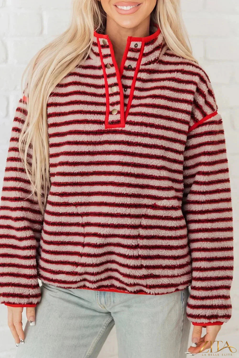Zita La Belle Elite striped fuzzy colorblock button placket sweatshirt with cozy fabric and vibrant color pattern.