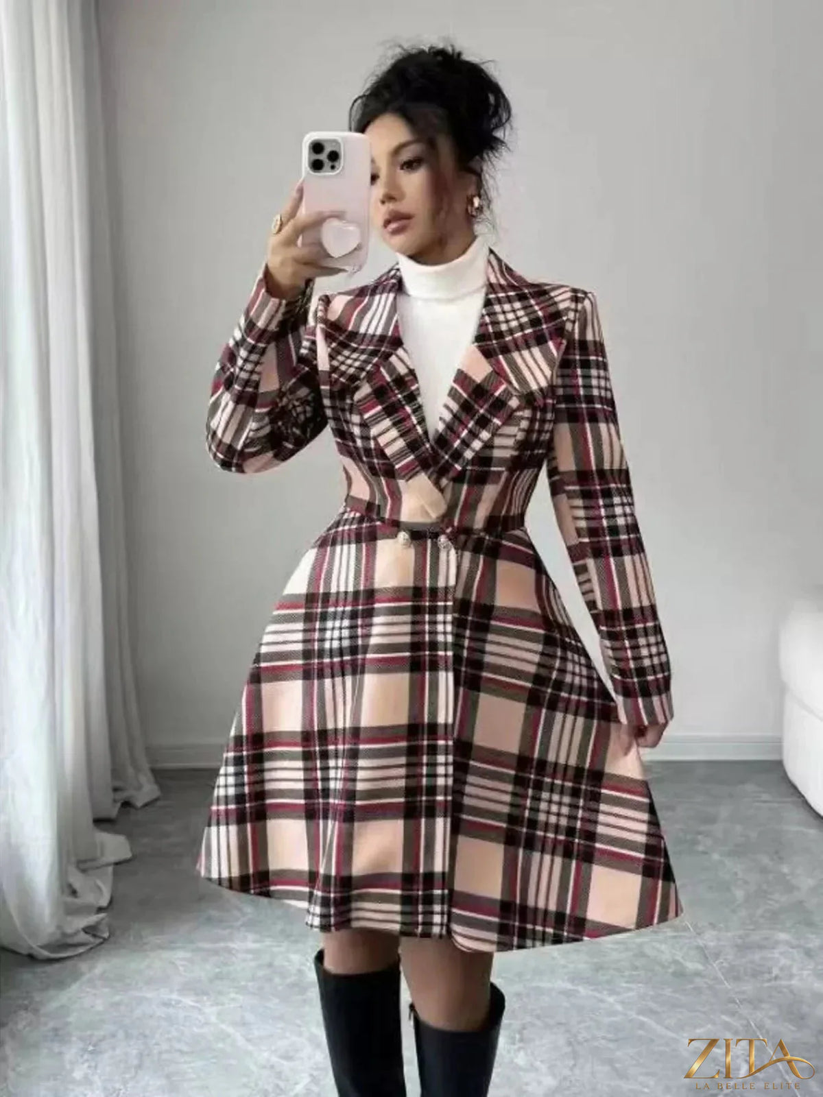 Zita La Belle Elite plaid button-up long sleeve coat hanging on a wooden hanger, featuring a classic pattern and tailored fit.