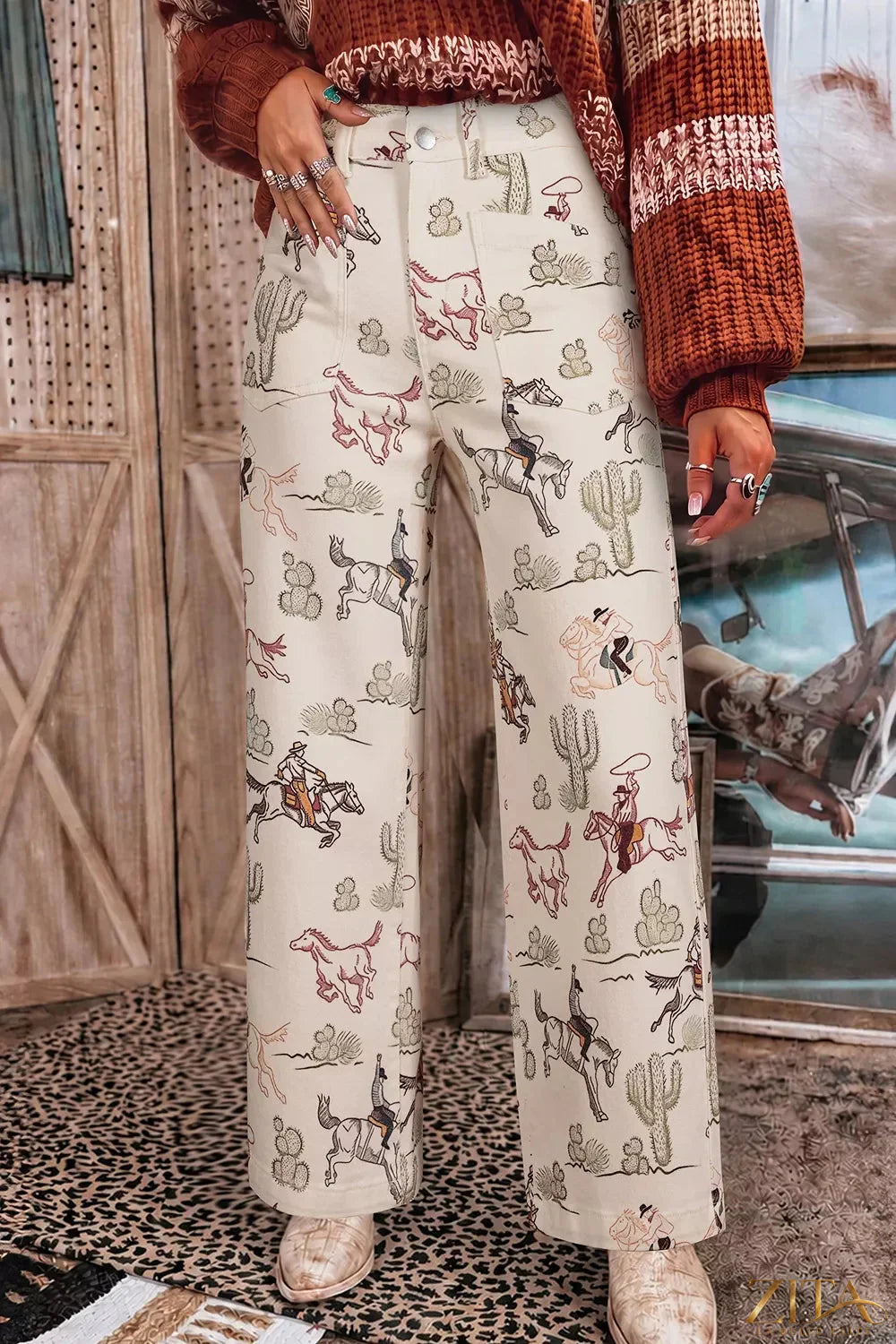 Zita La Belle Elite Western print straight leg ankle-length jeans with pockets, showcasing classic denim style and detailed print design.