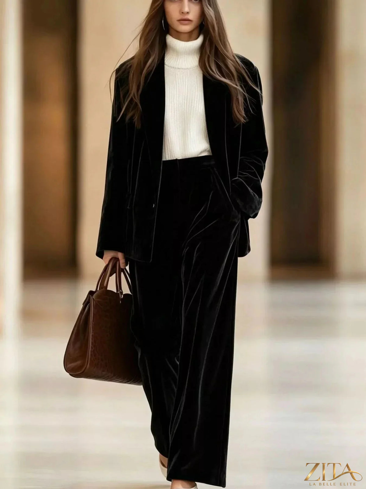 Zita La Belle Elite velvet blazer and wide-leg pants two-piece set, stylish formal wear, shown on a mannequin.