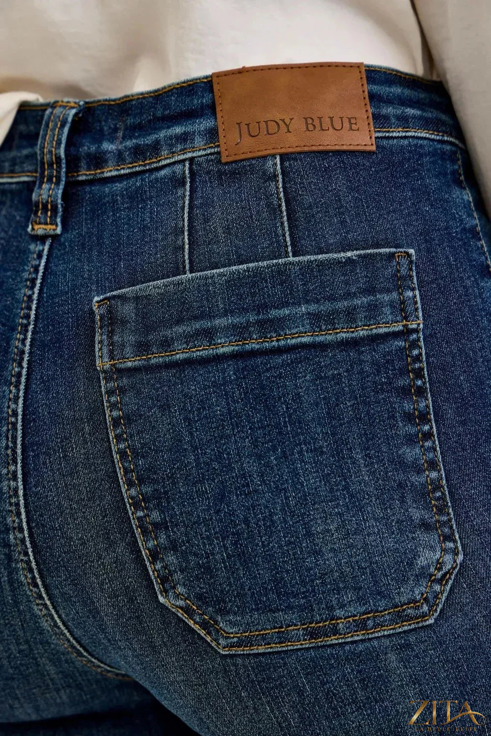 Zita La Belle Elite Judy Blue high waist wide crop utility jeans with patch pockets, denim with distressed details and relaxed fit.