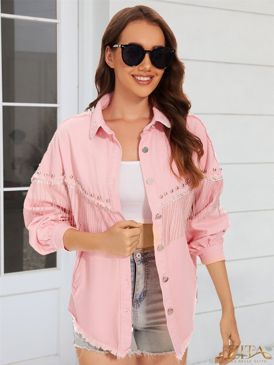 Raw hem fringe detail denim jacket by Zita La Belle Elite, showcasing distressed denim with fringe accents and raw hem design.