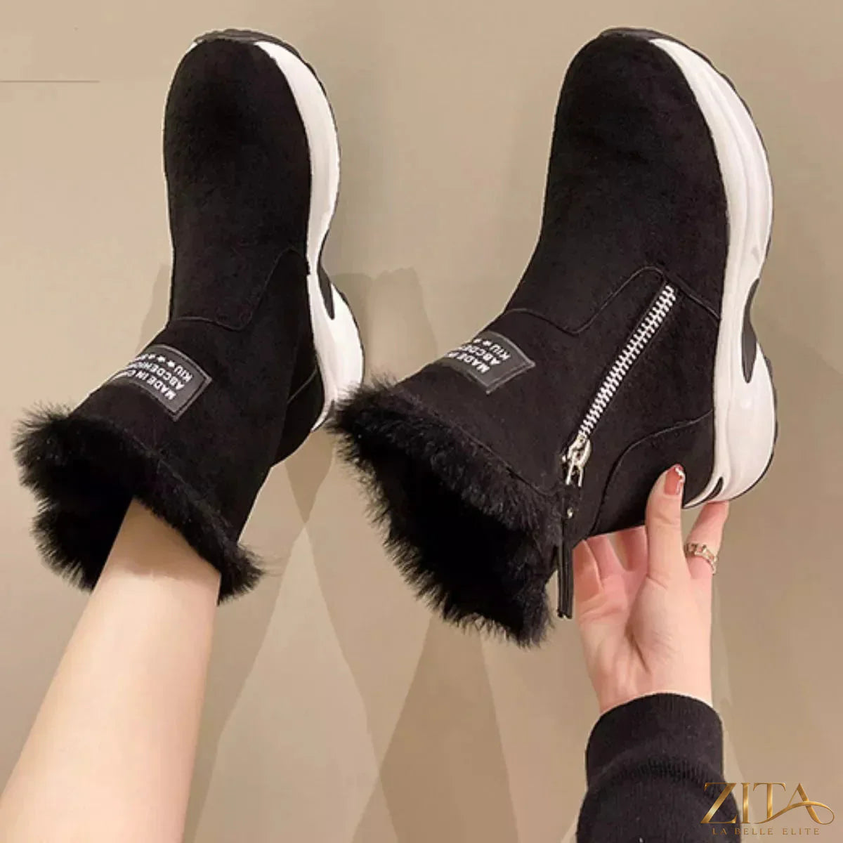 Zita La Belle Elite side zipper platform boots with chunky heels and black leather finish, stylish footwear for edgy fashion.