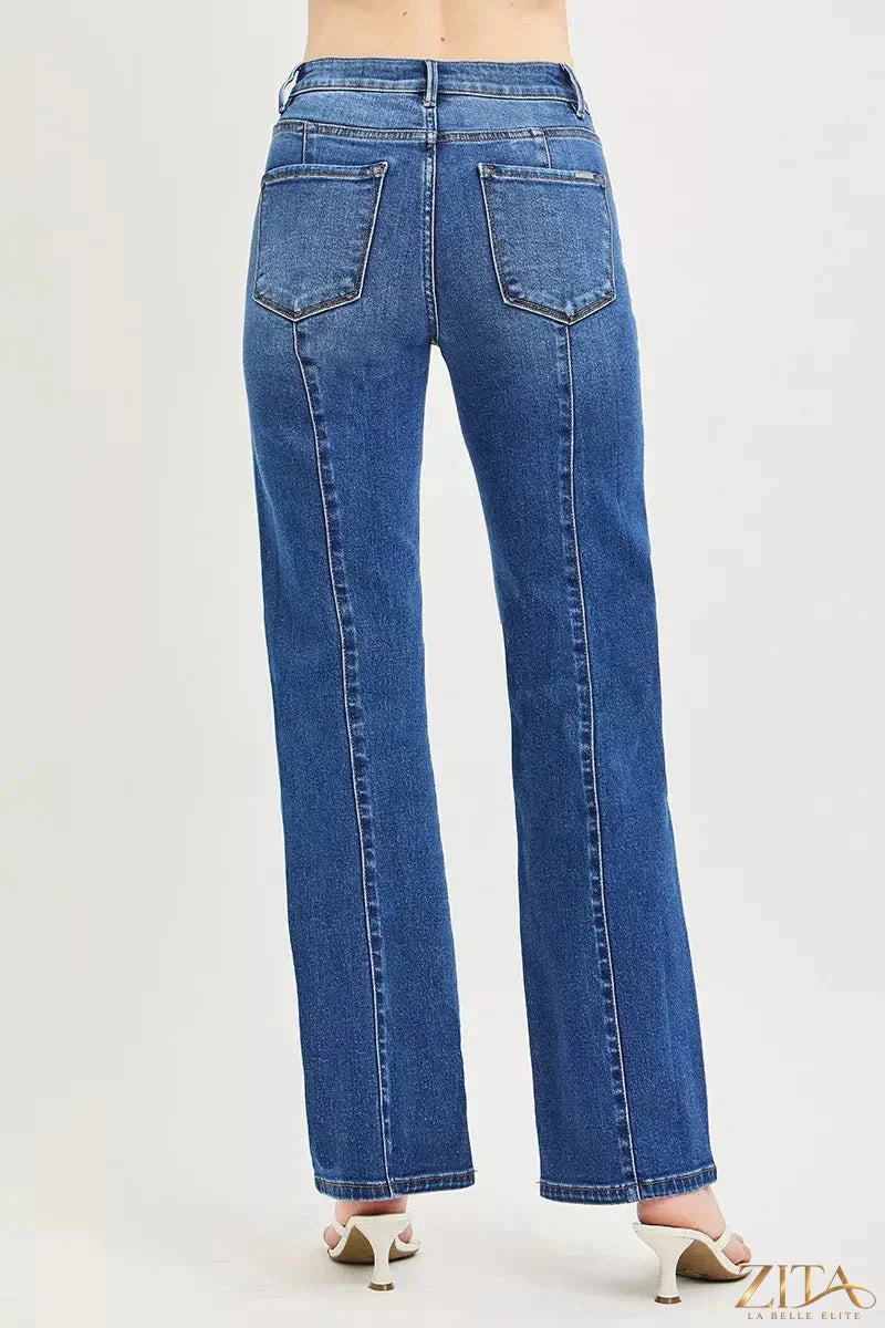 Zita La Belle Elite RISEN high-rise straight jeans with patch pockets and seamed details, blue denim, front view.