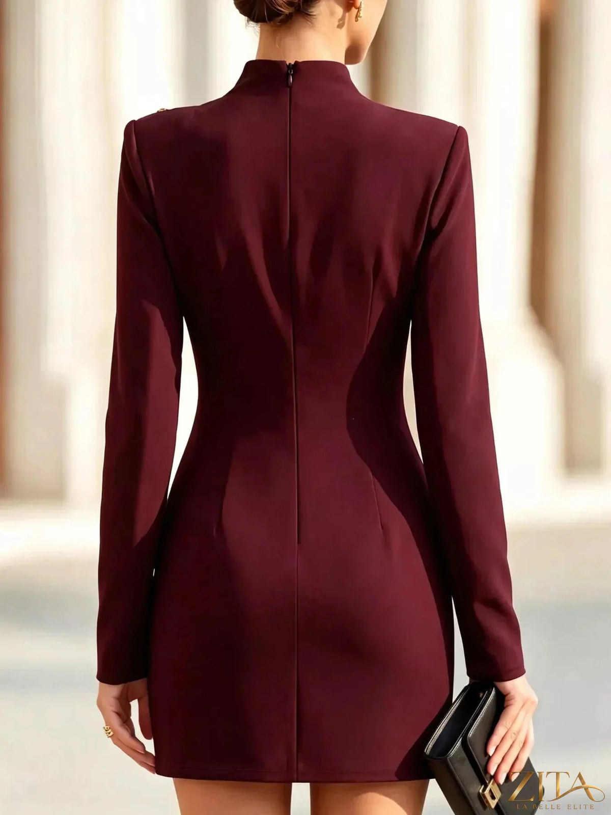 Full size Zita La Belle Elite decorative button mock neck mini dress in plus size, shown in a stylish miniature view.