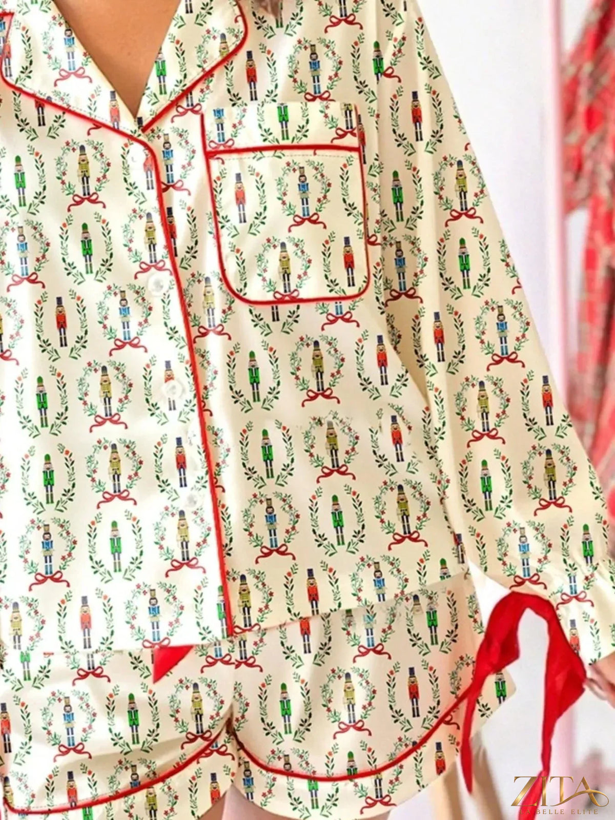 Zita La Belle Elite Nutcracker print long sleeve top and shorts lounge set, featuring festive holiday design and comfortable fabric.