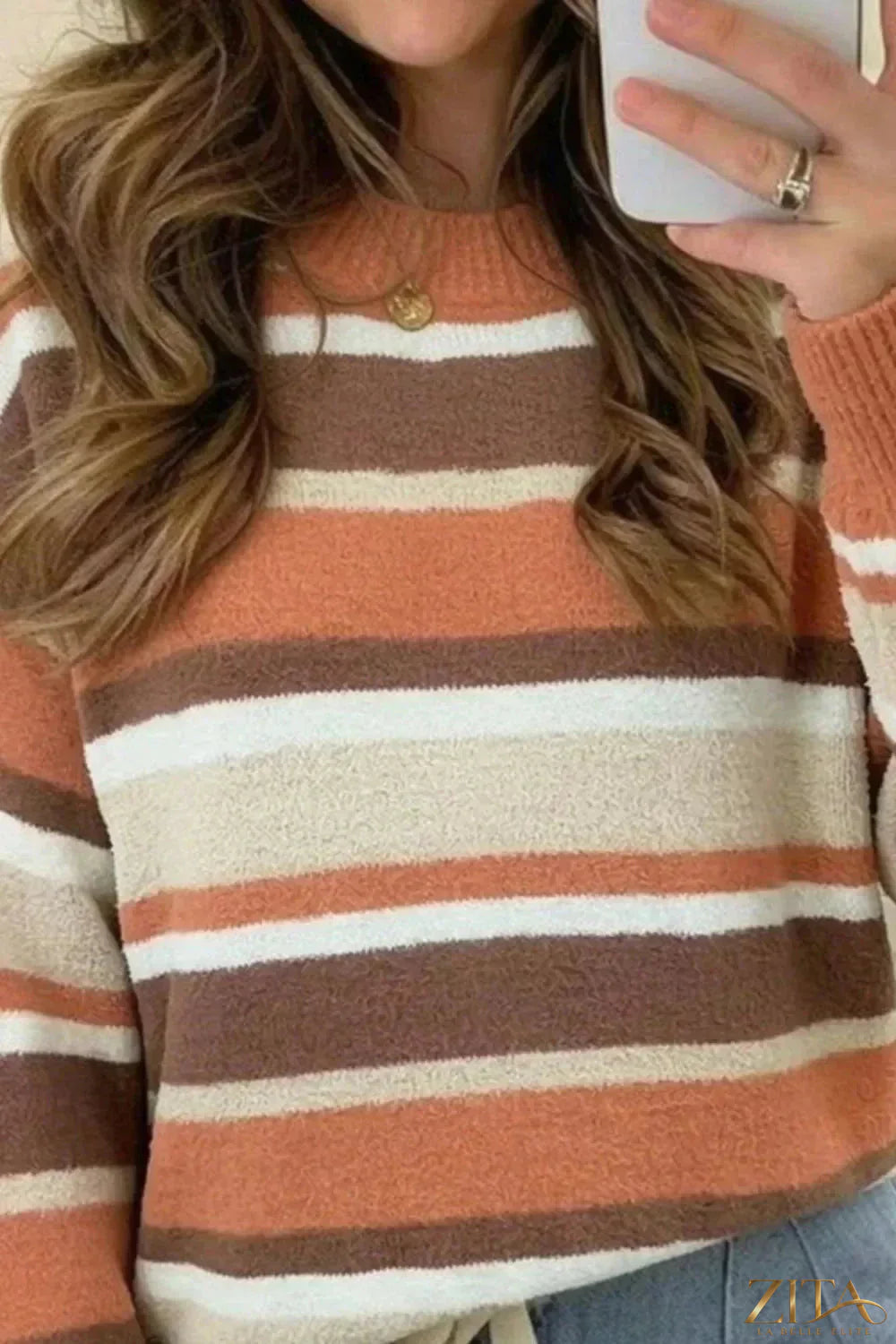 Zita La Belle Elite striped dropped shoulder sweater featuring blue and white horizontal stripes, cozy knit fabric, and relaxed fit.