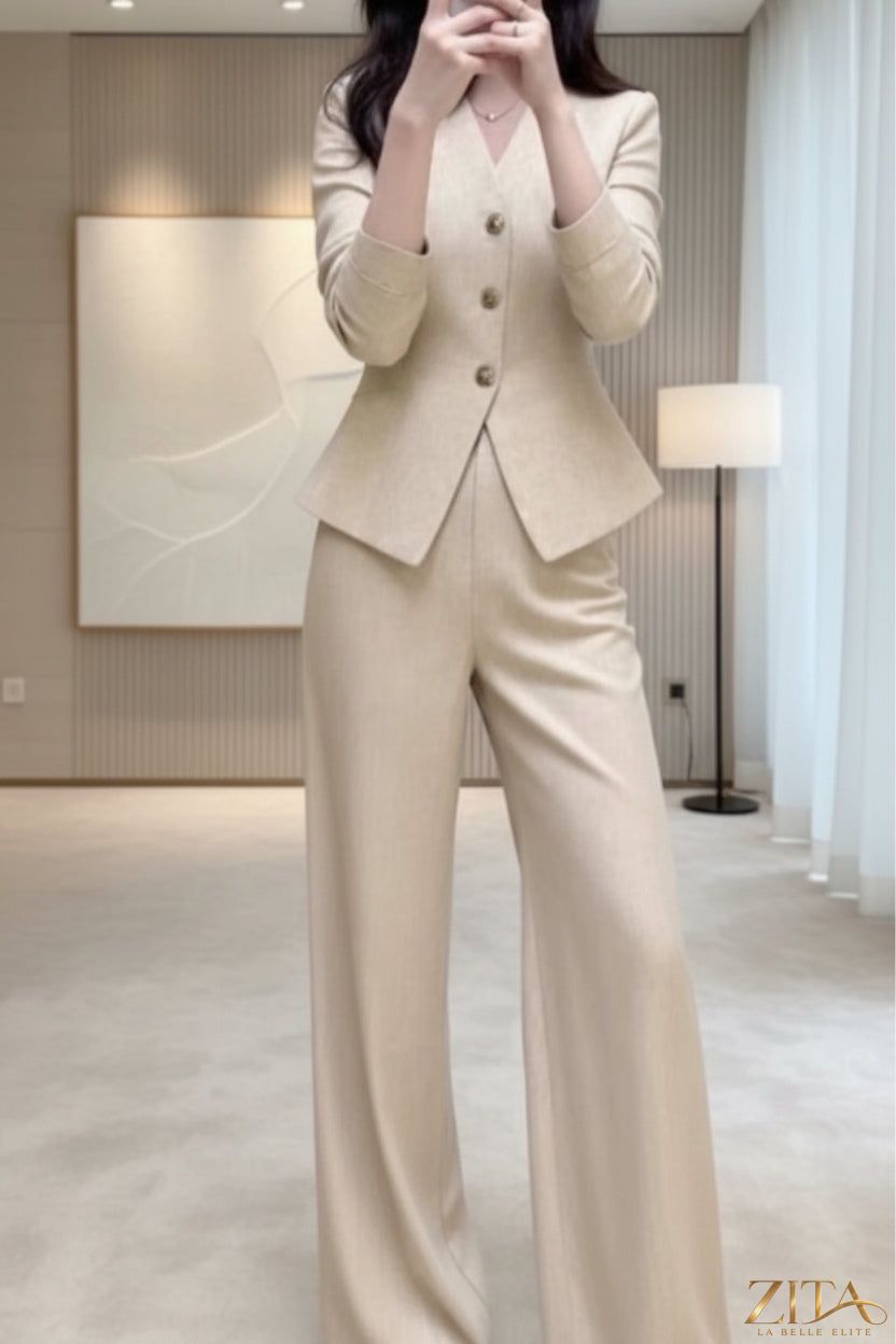 Beige waist-grabbing coat and wide-leg pants set by Zita La Belle Elite, featuring stylish tailored design and elegant fit.