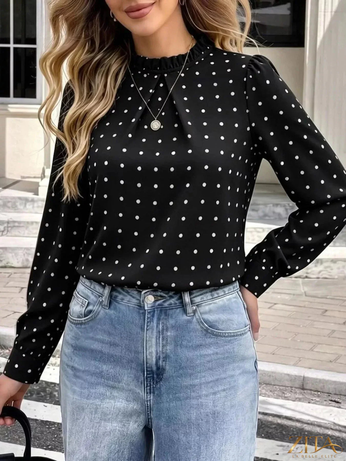 Zita La Belle Elite polka dot print mock neck long sleeve blouse with elegant design and classic style.