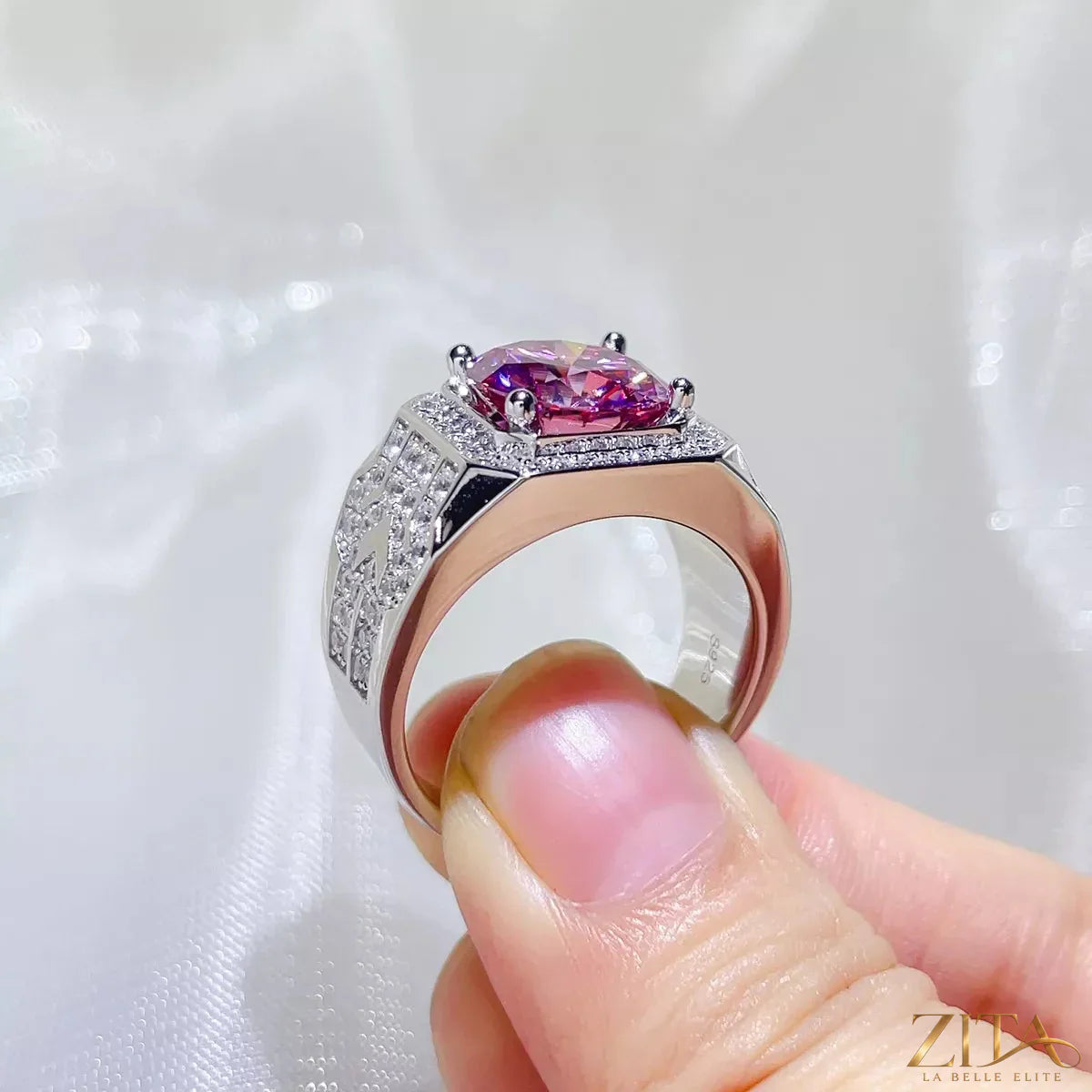 Sterling silver moissanite ring with a 5-carat gemstone, featuring a sleek design and brilliant sparkle.
