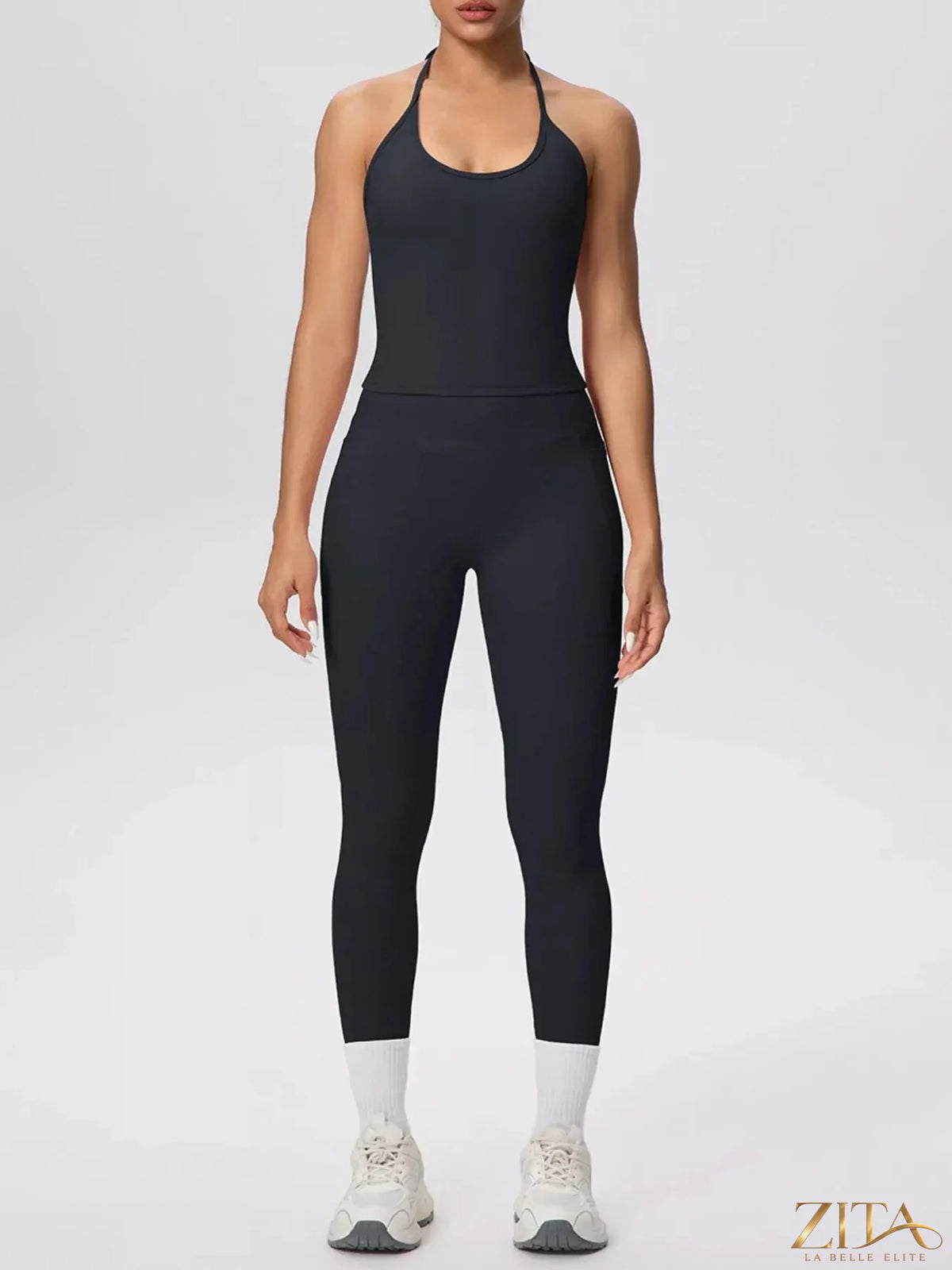 Zita La Belle Elite halter neck cami top and high-waisted leggings active set, black, form-fitting workout clothing for women.