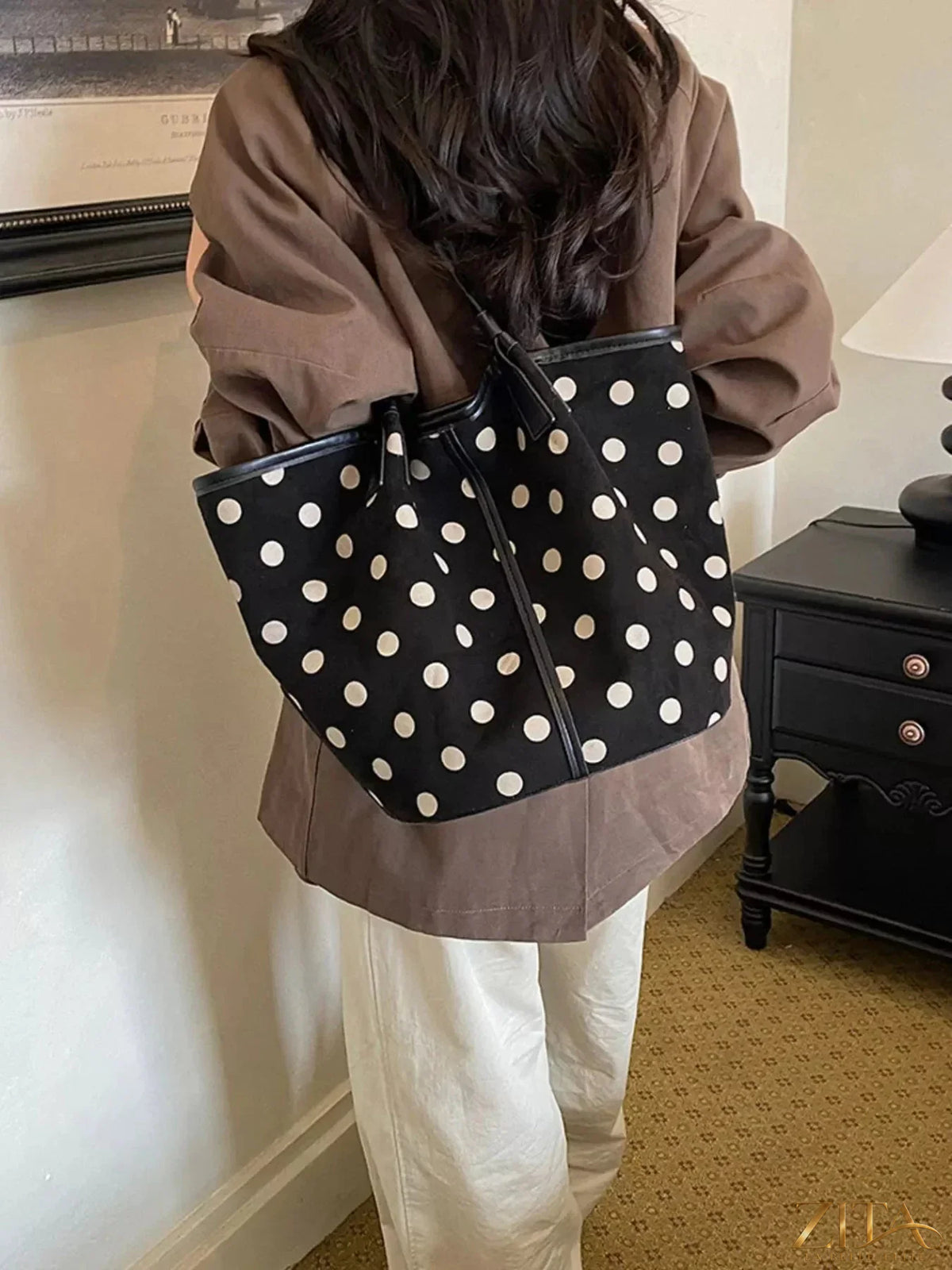 Zita La Belle Elite polka dot tote bag with black and white dots, sturdy handles, and spacious interior for everyday use.