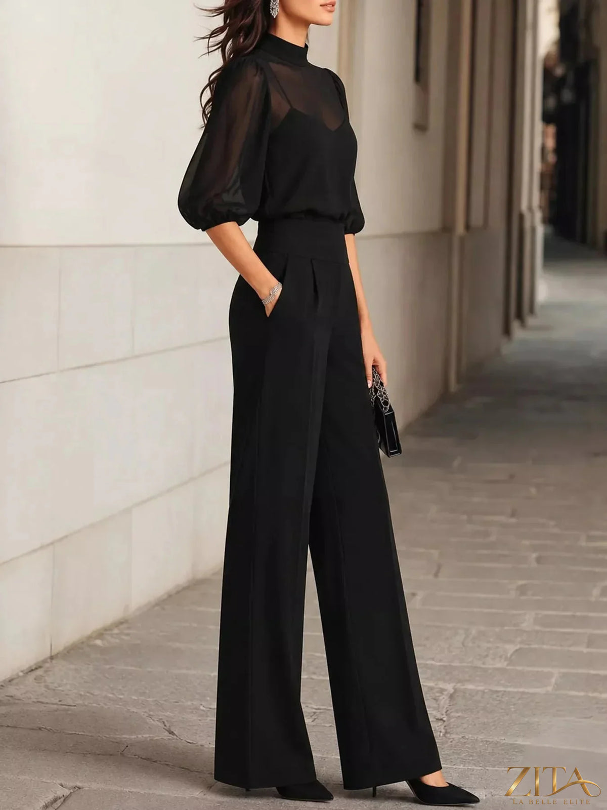 Zita La Belle Elite mock neck puff sleeve top and wide-leg pants set, stylish fashion ensemble with fitted top and flowing trousers.