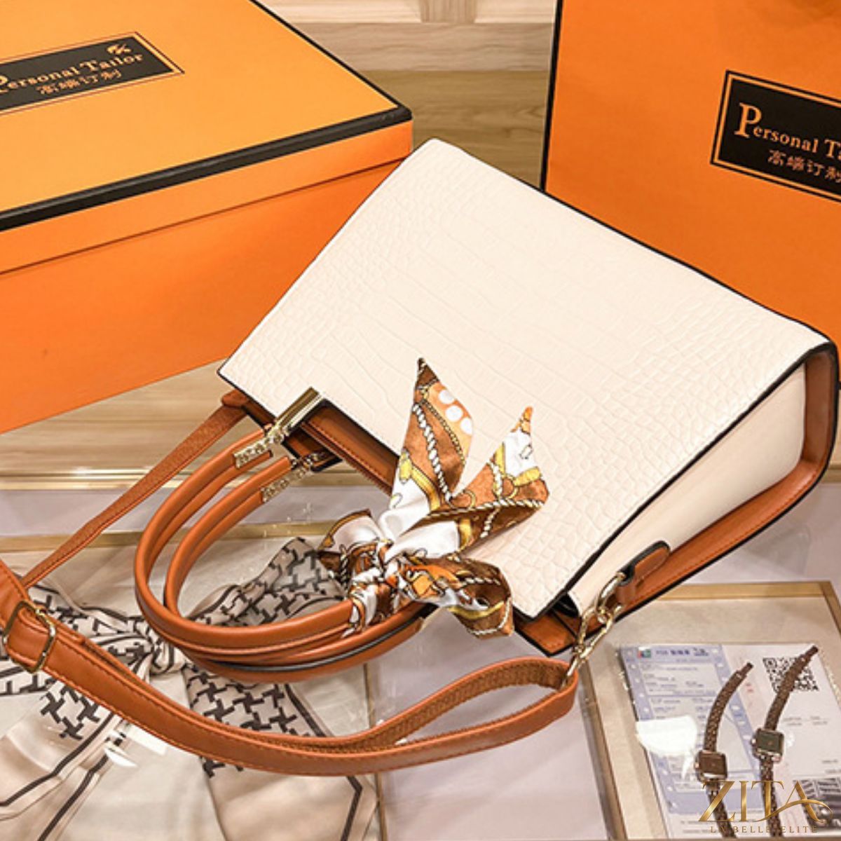 Zita La Belle Elite crocodile embossed top handle handbag with decorative scarf