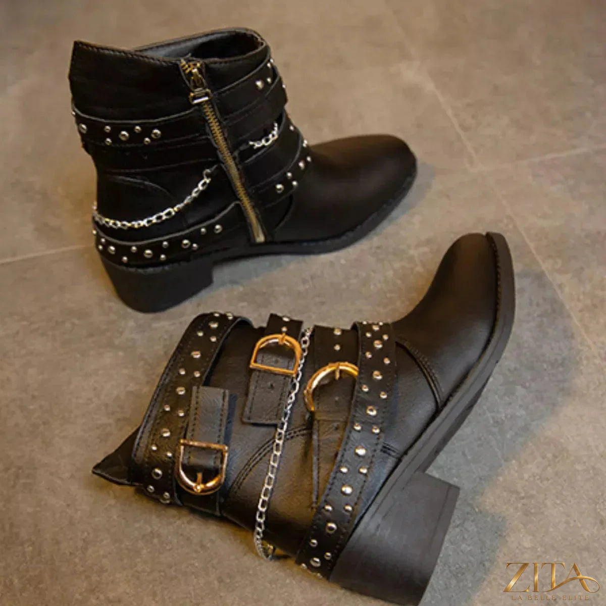 Zita La Belle Elite studded buckle ankle boots with chunky heels and silver hardware, stylish and edgy footwear for women.