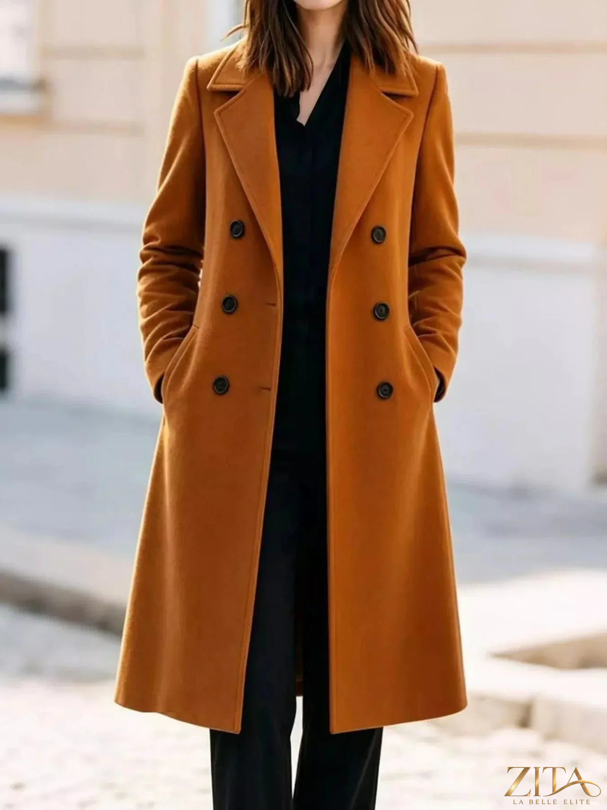 Zita La Belle Elite double-breasted coat with lapel collar, tailored style, shown in navy with button details and sleek silhouette.
