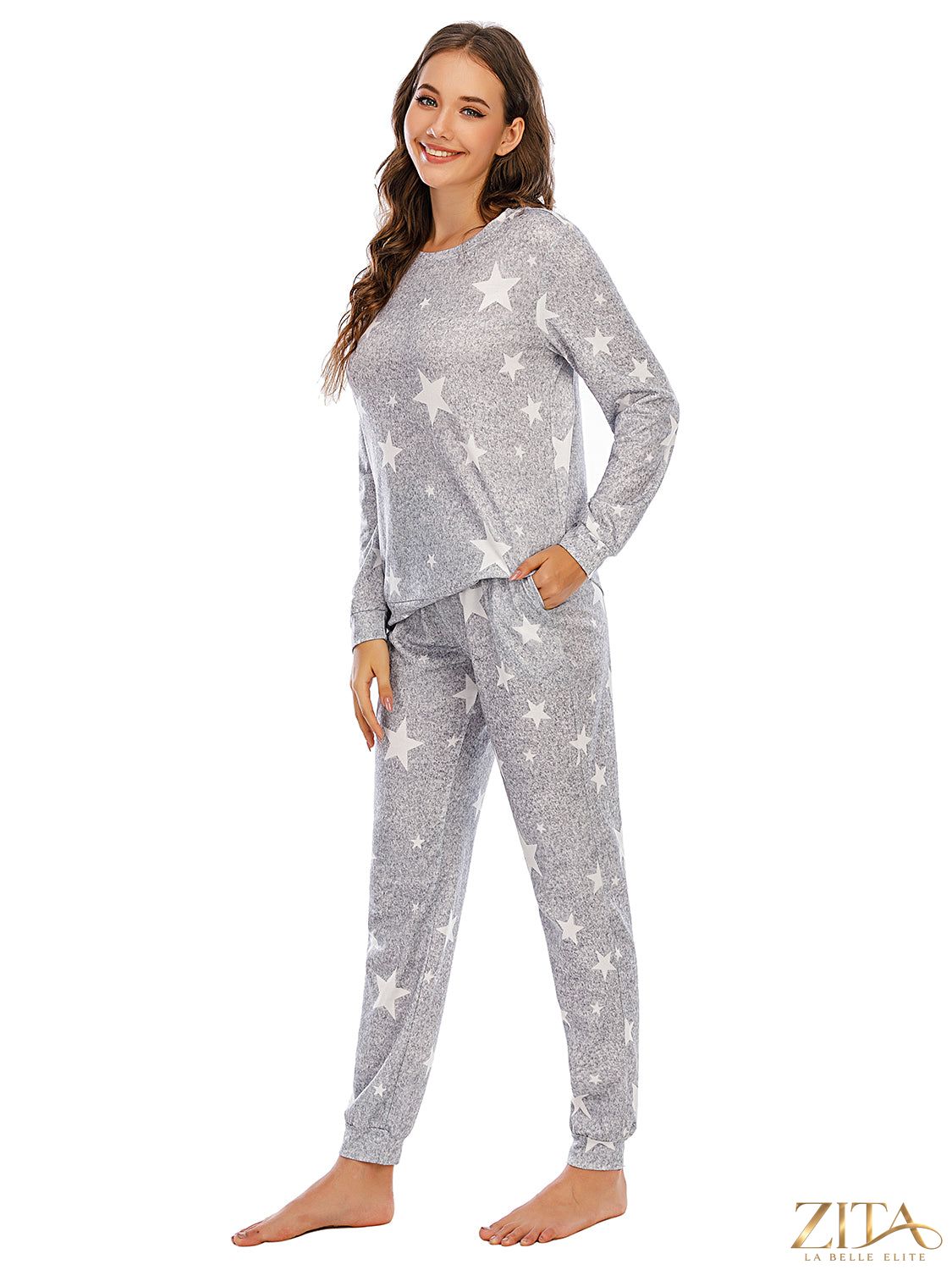 Zita La Belle Elite star print lounge set featuring a comfortable long sleeve top and matching pants for relaxed wear.