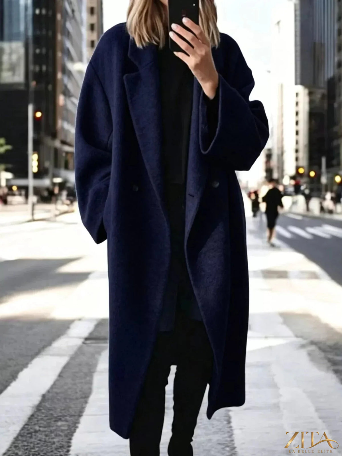 Plus size Zita La Belle Elite wool blend longline coat with lapel collar, featuring a full-size design and stylish tailored fit.