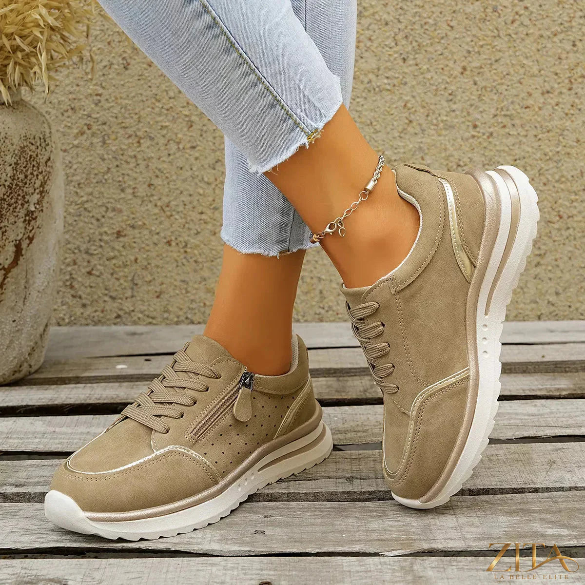 Zita La Belle Elite round toe lace-up sneakers in white with black accents, showcasing the stylish design and comfortable fit.