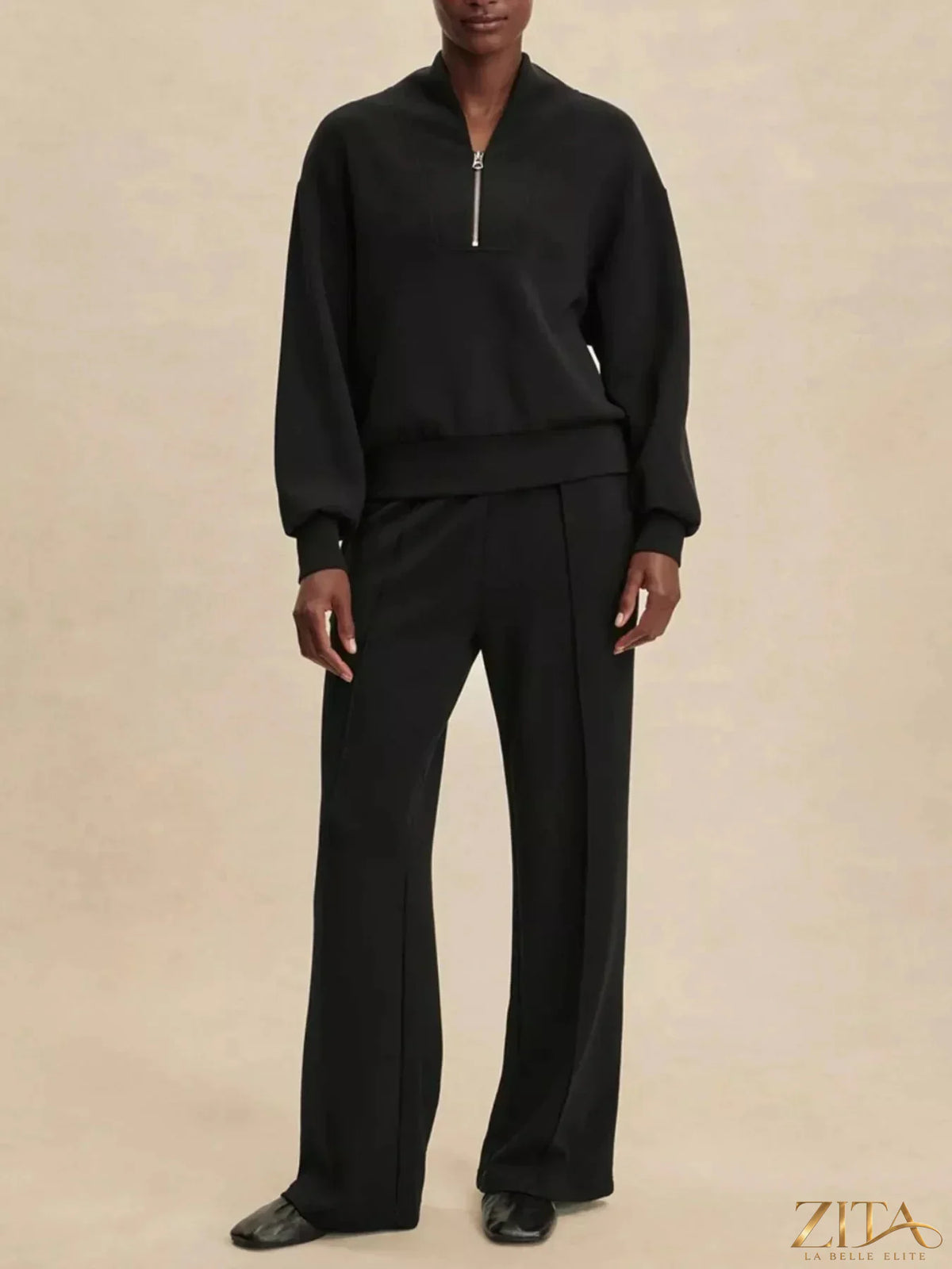 Zita La Belle Elite quarter-zip sweatshirt and wide-leg pants set, in cozy fabric, displayed on a neutral background.