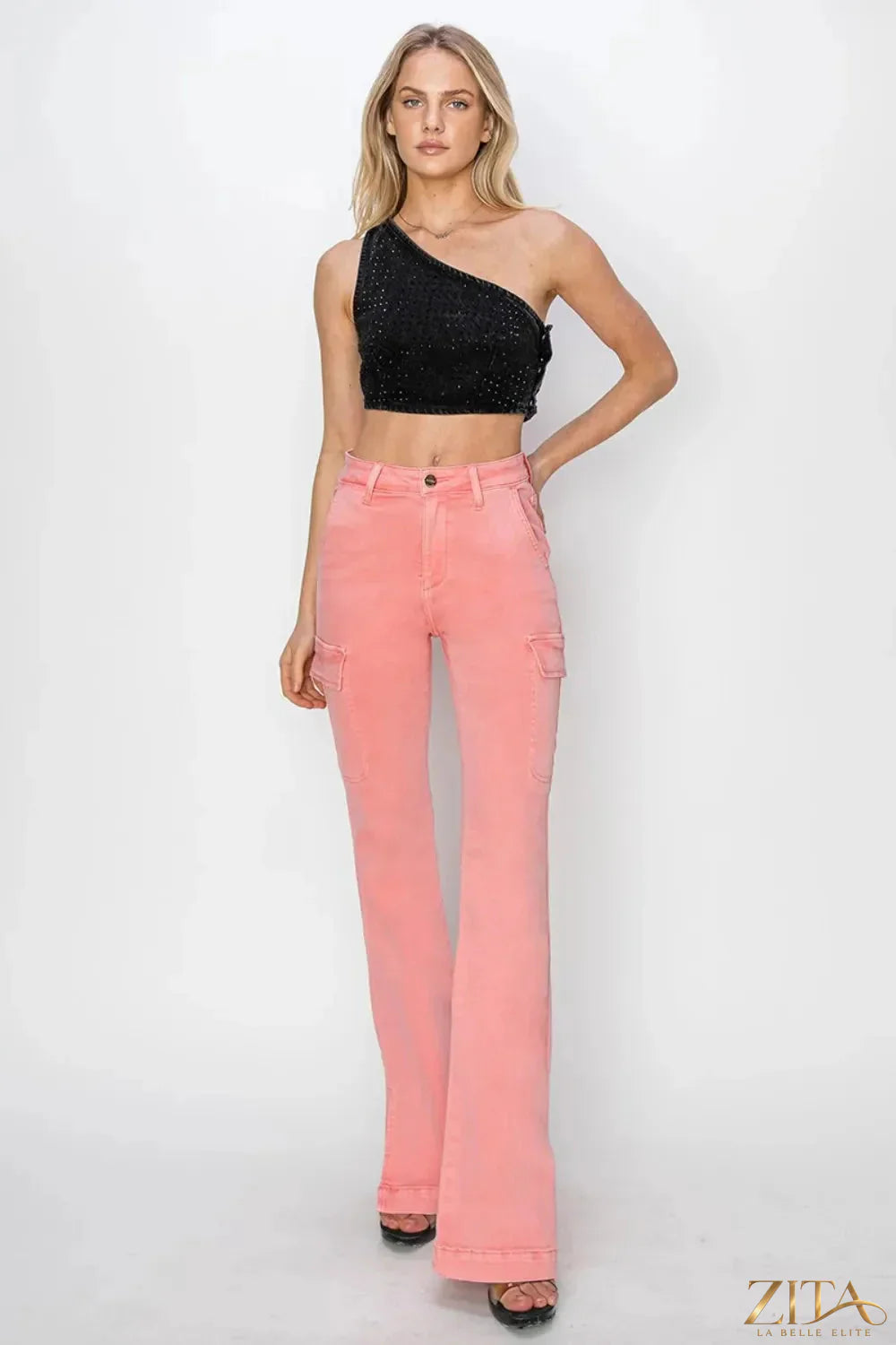 Zita La Belle Elite RISEN high rise cargo bootcut jeans with side slits in dark denim, full length and fitted at the waist.