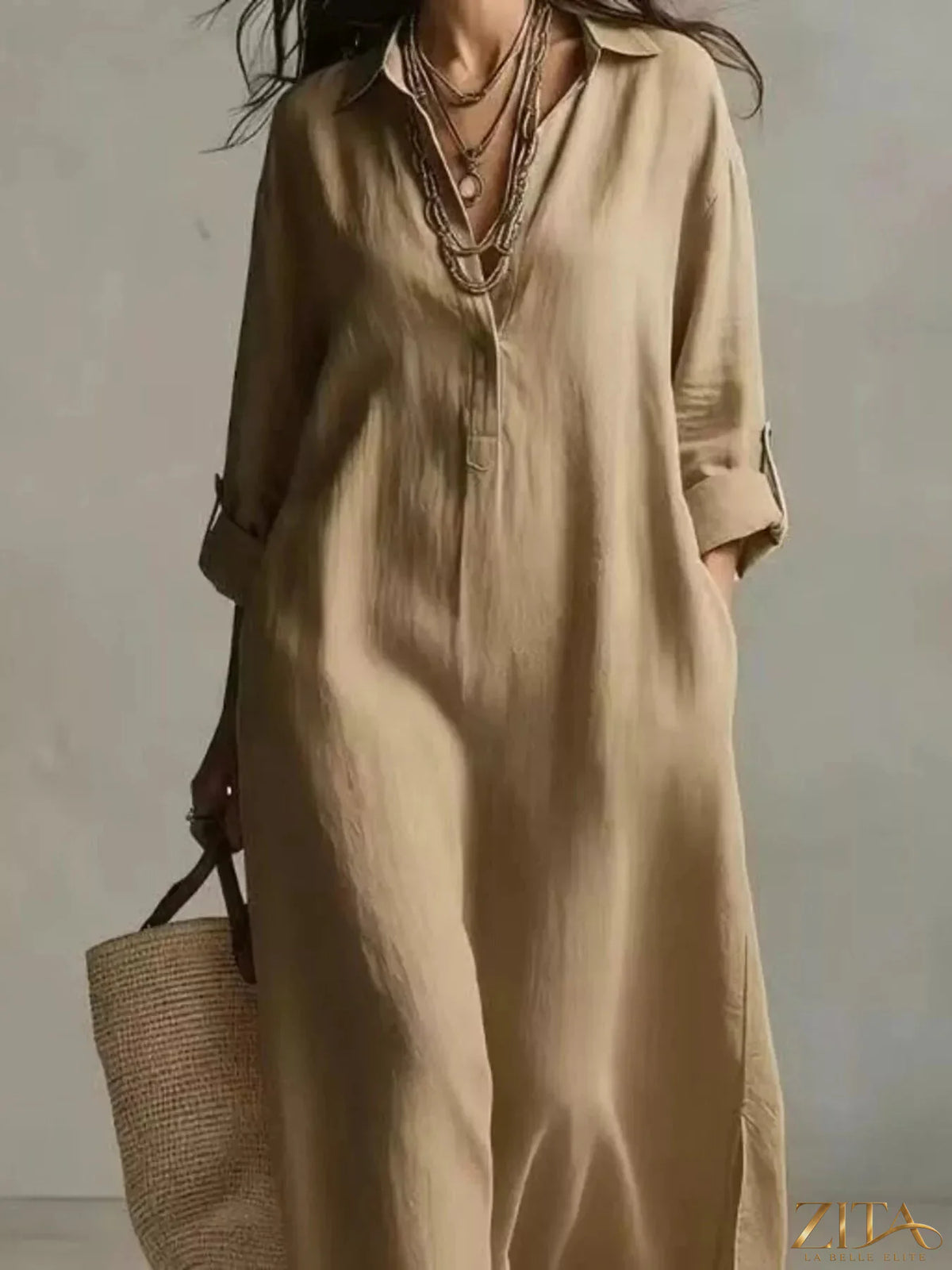 Plus size Zita La Belle Elite casual midi shirt dress featuring a relaxed fit, button front, and classic collar, displayed on a mannequin.
