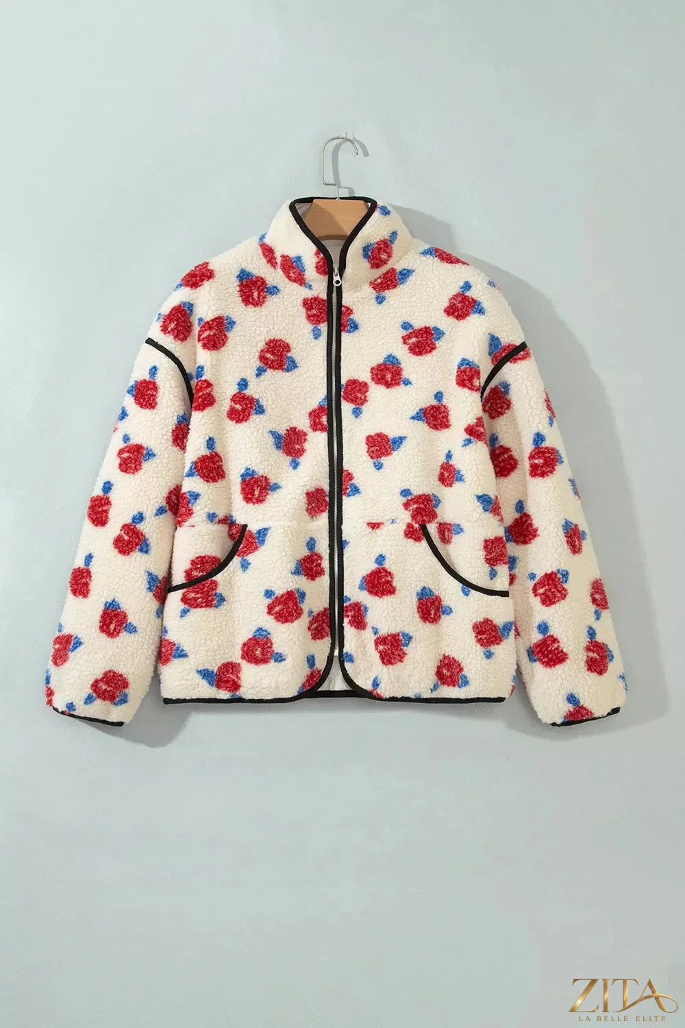 Zita La Belle Elite floral print zipper stand neck fleece coat with outerwear design and vibrant floral pattern, front view.