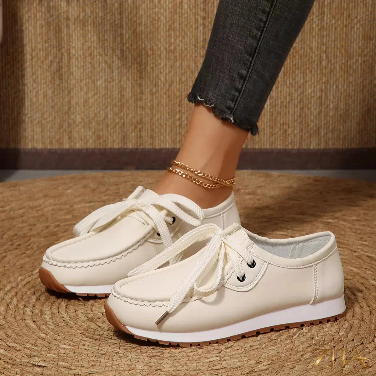Zita La Belle Elite round toe lace-up sneakers in white with rubber soles and stylish design, perfect for casual wear.