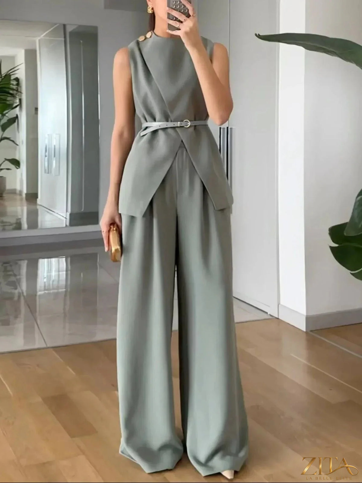 Zita La Belle Elite sleeveless top and matching pants set in lightweight fabric, shown in a stylish, casual outfit.