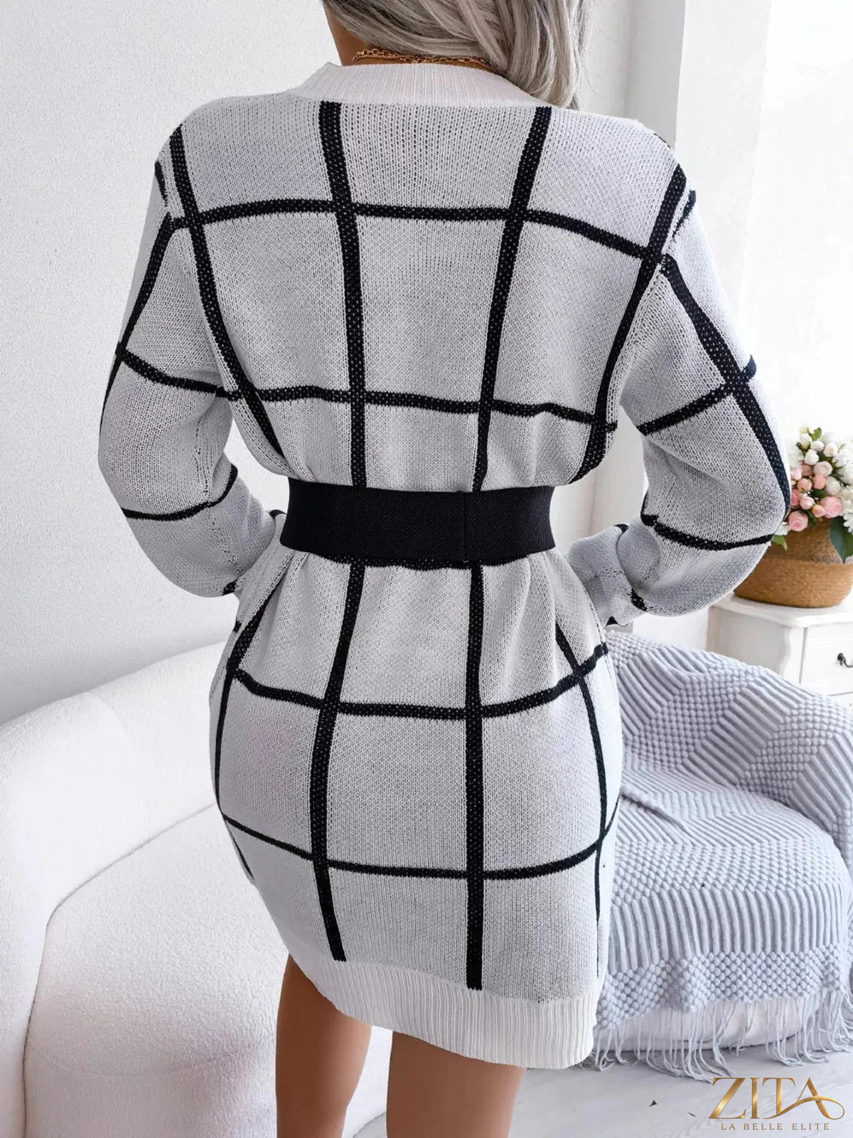 Zita La Belle Elite plaid pattern long sleeve sweater dress featuring a cozy, stylish design with a classic checkered print.