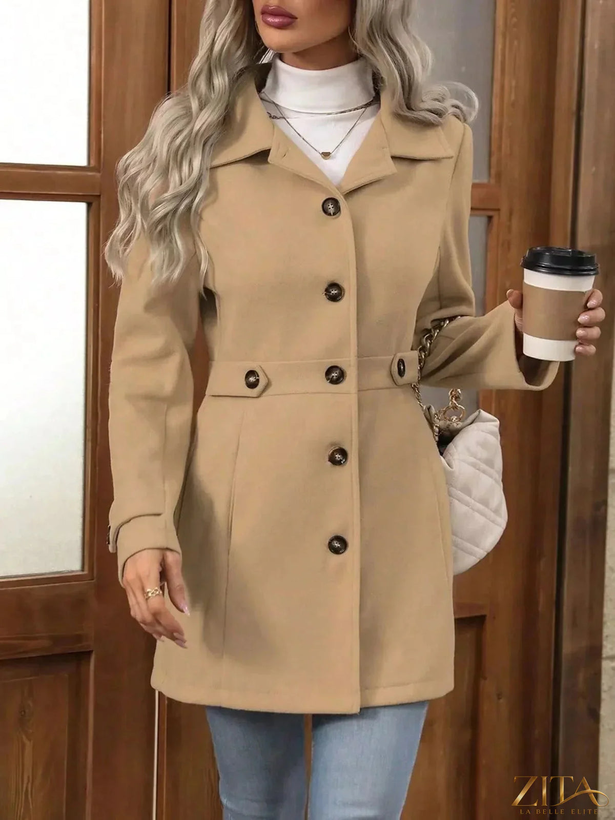 Zita La Belle Elite long sleeve button-up coat featuring a classic design and tailored fit, shown in a stylish outerwear style.
