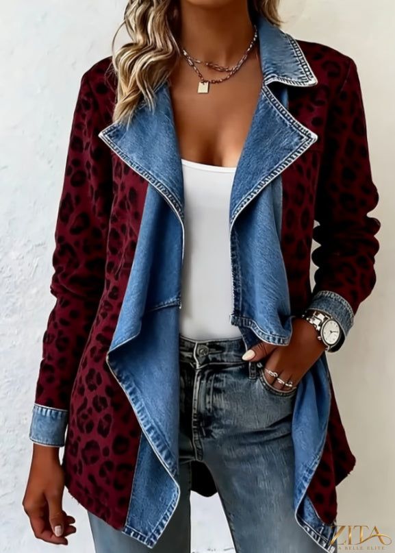 Zita La Belle Elite patchwork denim collar long-sleeved mid-length coat for women, featuring a stylish patchwork design and classic collar.