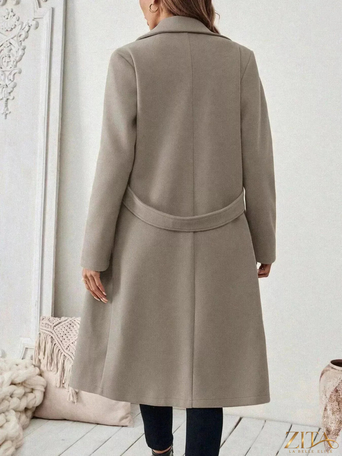 Zita La Belle Elite longline coat with lapel collar, stylish and elegant outerwear in a neutral color, full-length design.