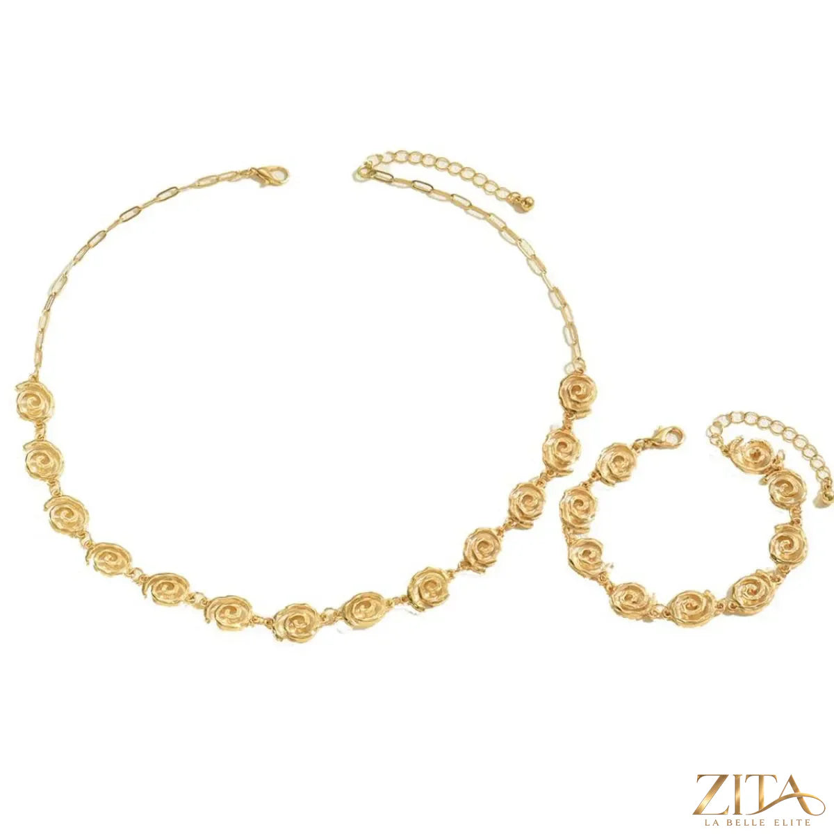 18K gold-plated spiral necklace and bracelet jewelry set with matching designs, featuring elegant, shiny spiral accents.