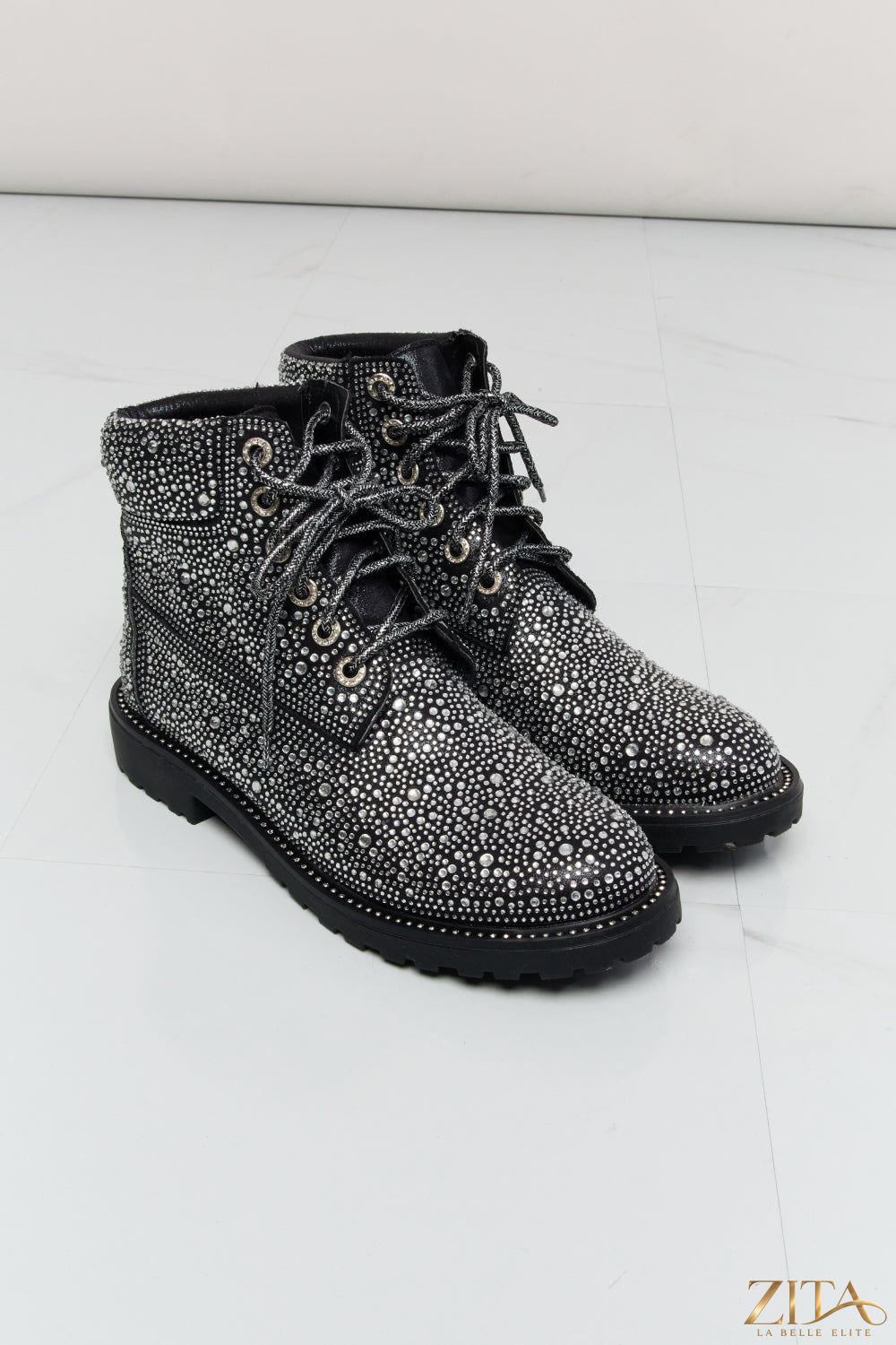 Zita La Belle Elite Forever Link rhinestone lace-up combat boots with studded detailing and chunky sole.
