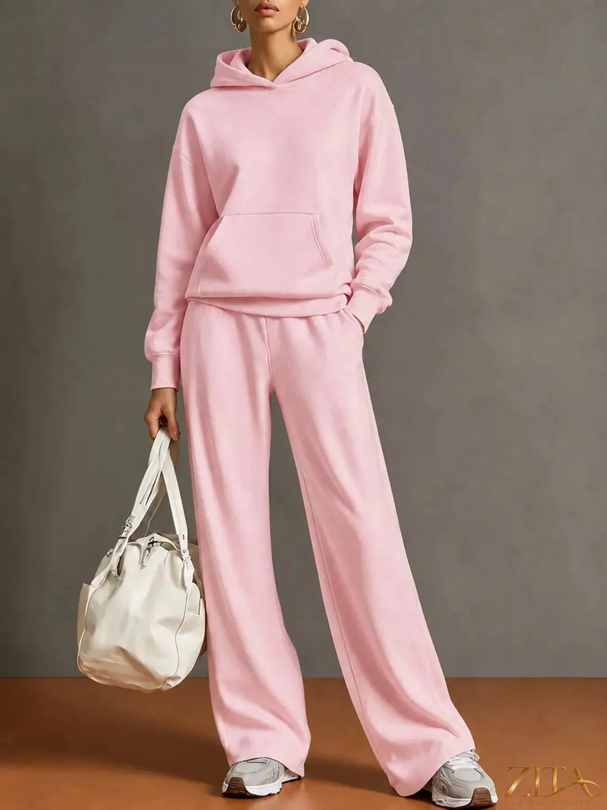 Zita La Belle Elite kangaroo pocket hoodie and matching pants two-piece set, soft fabric, casual style, front view.