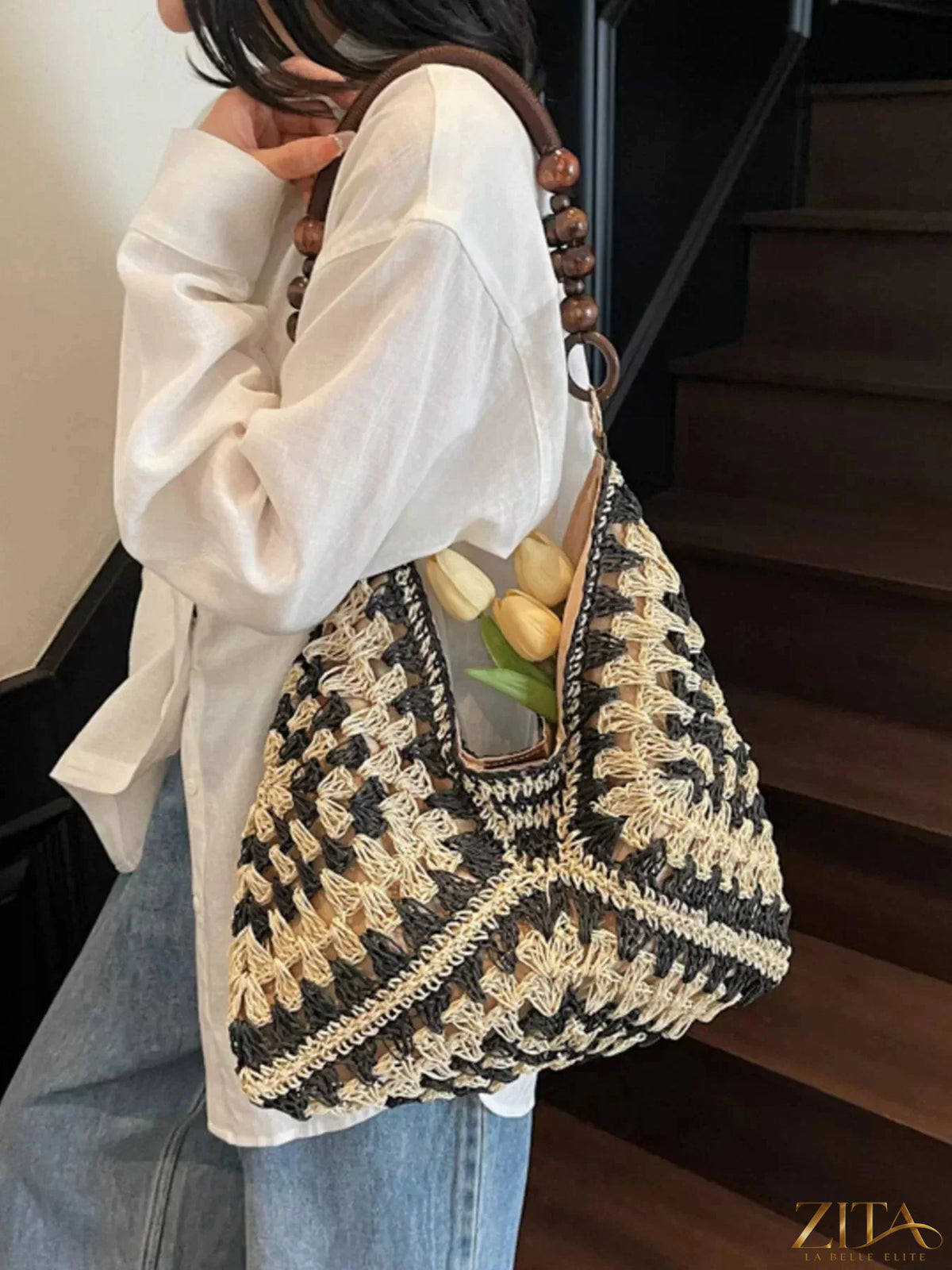 Zita La Belle Elite crochet hobo handbag with woven design and shoulder strap, stylish and spacious for everyday use.