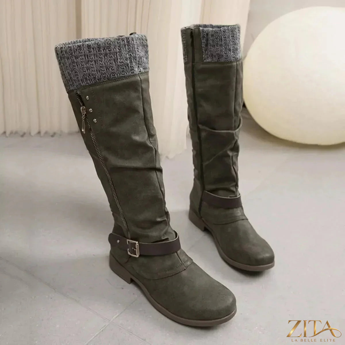 Zita La Belle Elite knee high slouch boots with knit cuff, stylish footwear featuring a relaxed fit and cozy knit detail at the top.