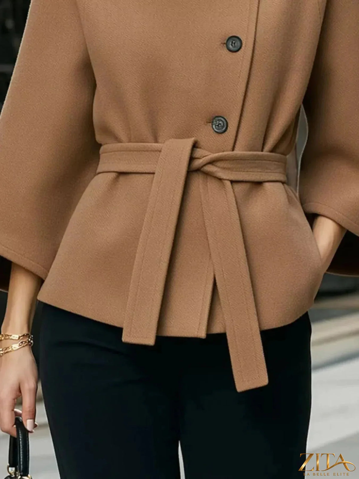 Zita La Belle Elite button-down cape coat with belted waist, featuring a stylish outer layer and elegant design.