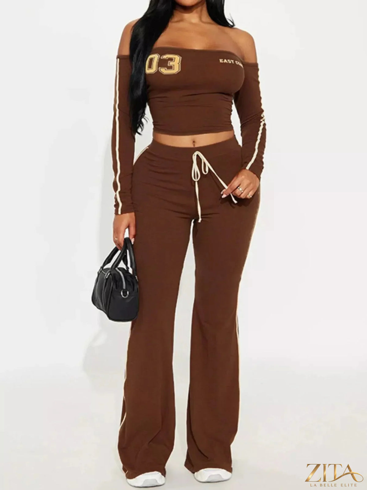 Zita La Belle Elite off-shoulder crop top and flare pant lounge set in soft fabric, perfect for casual and relaxed wear.