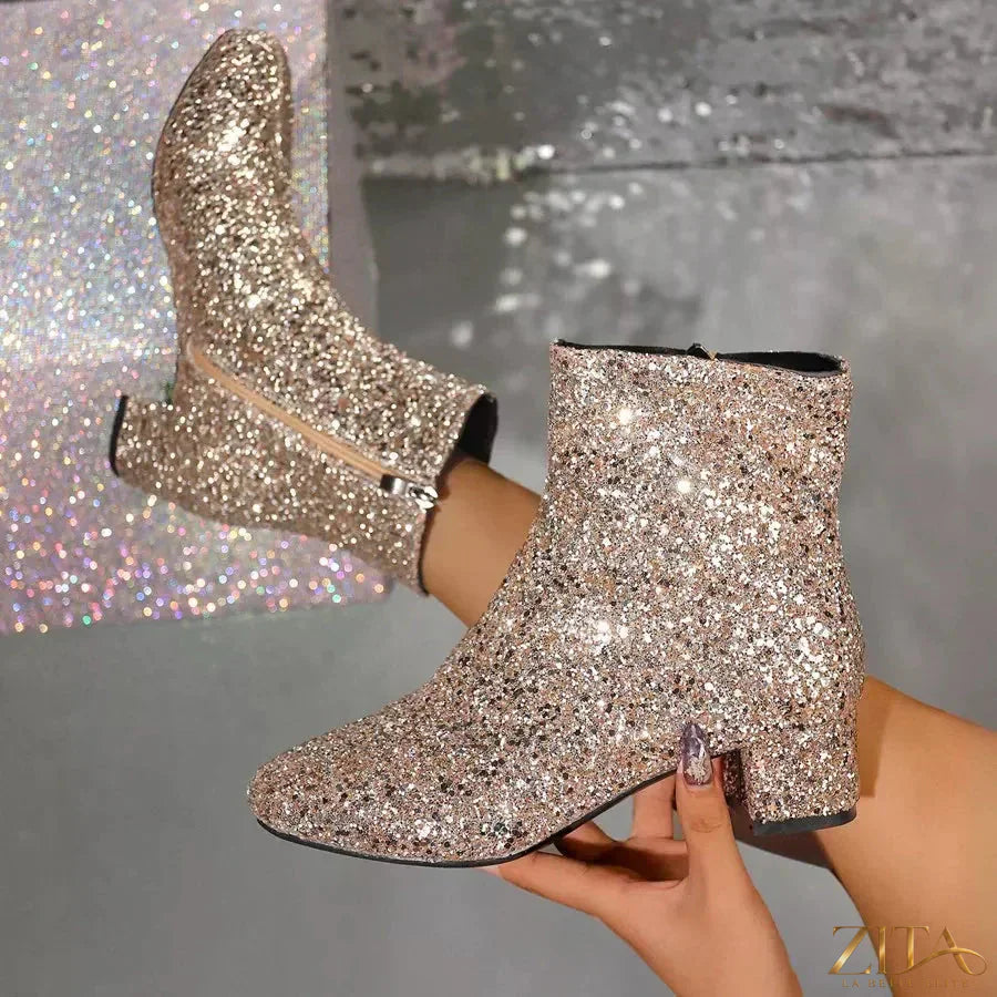 Zita La Belle Elite sequin round toe block heel boots showcasing shiny sequins and stylish design on a white background.