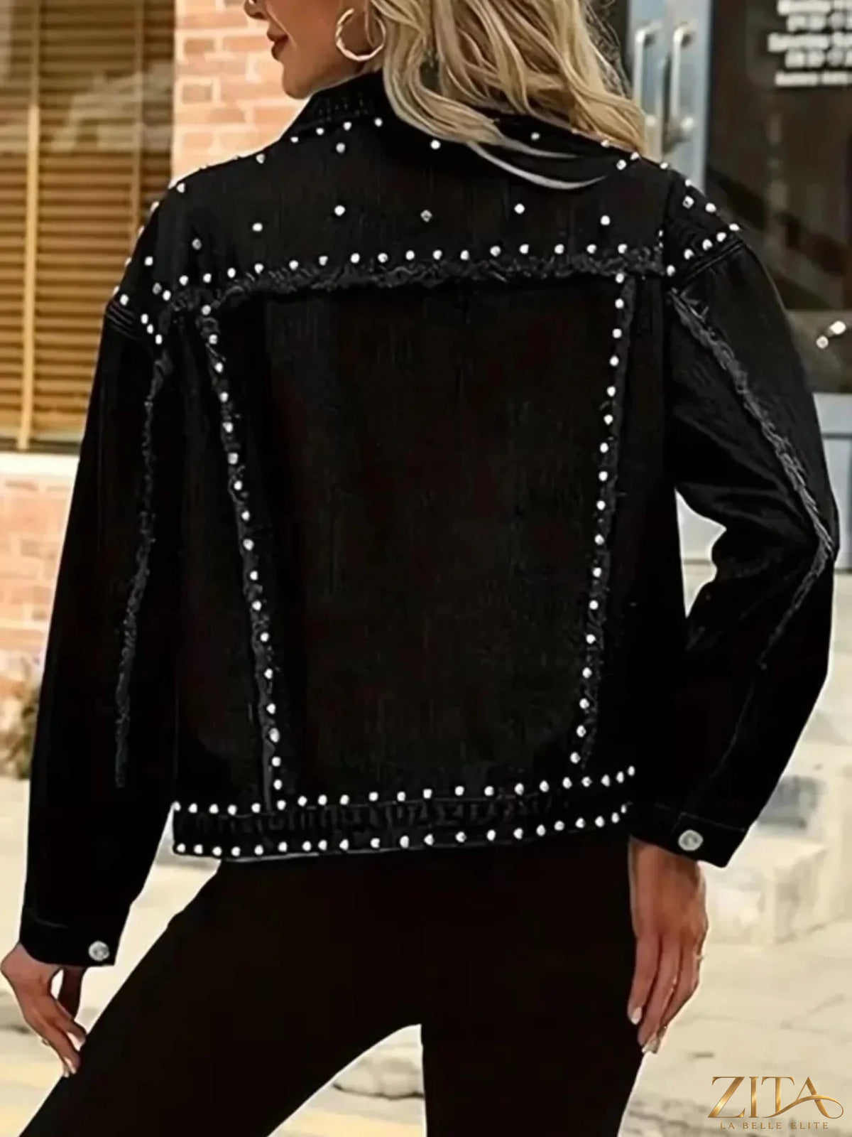 Plus size Zita La Belle Elite denim jacket with studded button-up front and classic design, shown in full size on model.