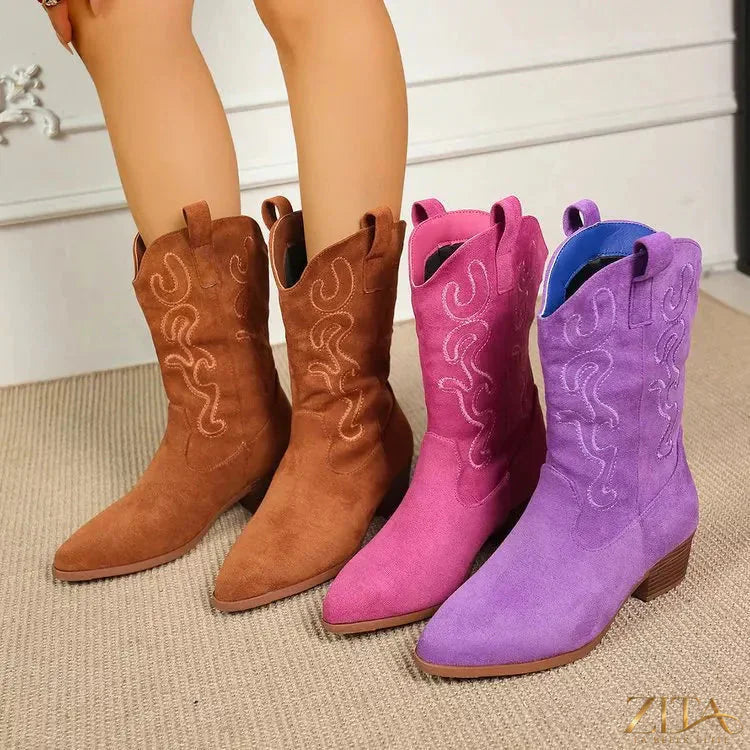 Zita La Belle Elite point toe block heels boots in black leather with sleek design and sturdy block heel.