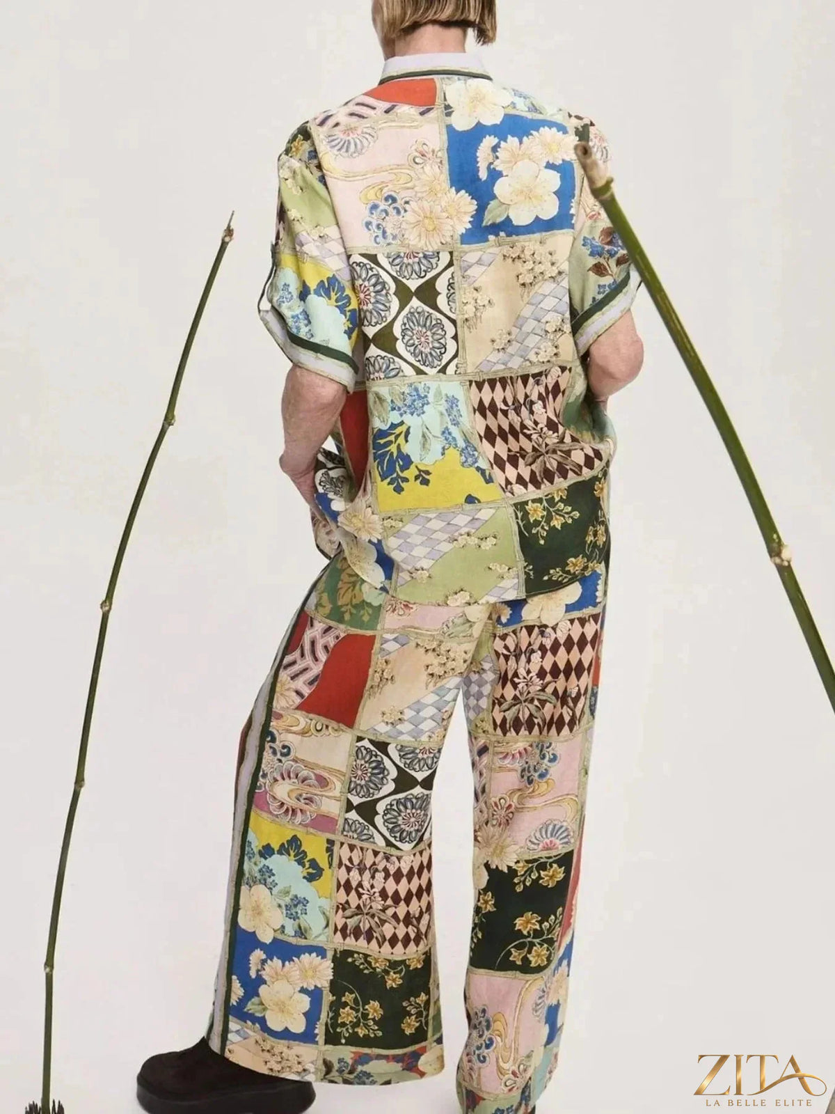 Zita La Belle Elite printed button-up shirt and matching pants set displayed on a model, showcasing stylish casual outfit.