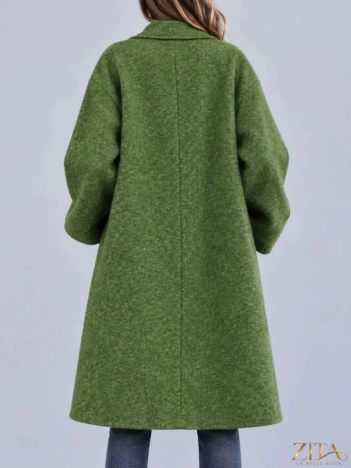 Plus size Zita La Belle Elite full size coat with lapel collar and one button closure, shown from the front.