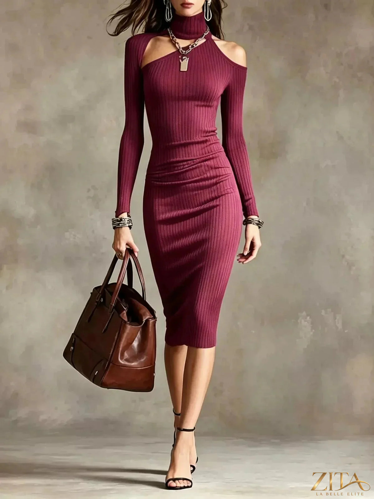 Cold-shoulder turtleneck ribbed knit dress by Trendsi featuring a stylish cold-shoulder design and fitted ribbed texture.